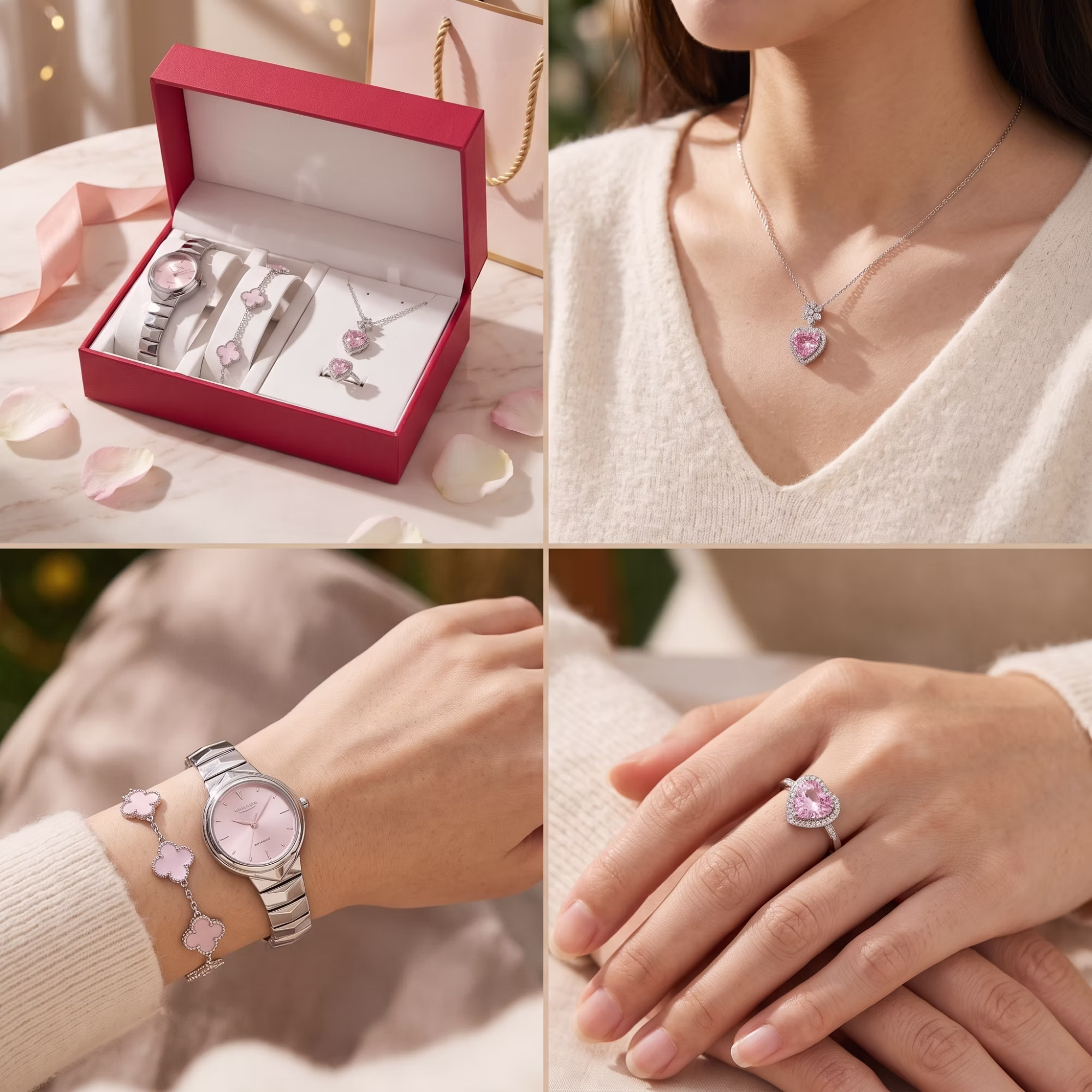 4pcs Of Stylish Women's Jewelry & Watch Set, Including Stainless Steel Analog Watch, Clover Bracelet, Heart Pendant Necklace, And Ring With Red Box
