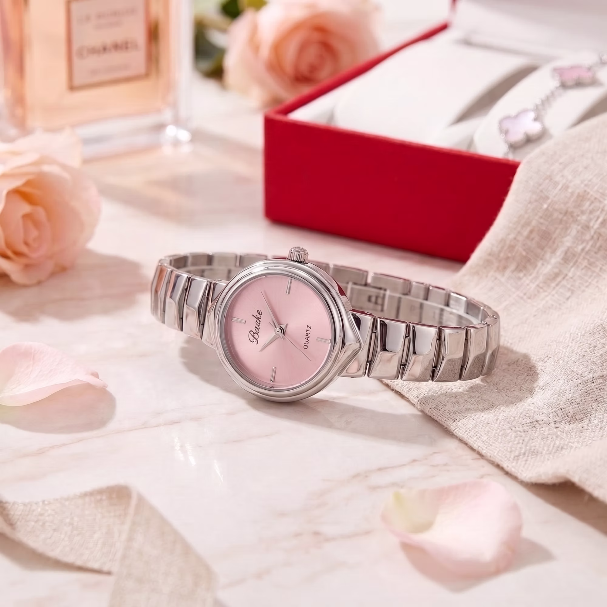 4pcs Of Stylish Women's Jewelry & Watch Set, Including Stainless Steel Analog Watch, Clover Bracelet, Heart Pendant Necklace, And Ring With Red Box