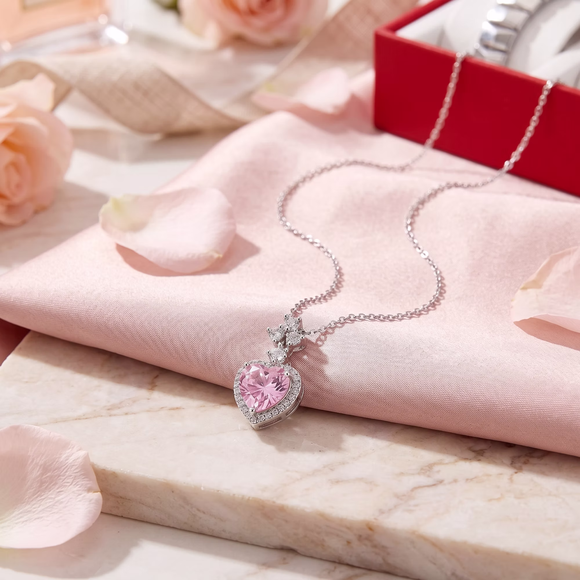 4pcs Of Stylish Women's Jewelry & Watch Set, Including Stainless Steel Analog Watch, Clover Bracelet, Heart Pendant Necklace, And Ring With Red Box