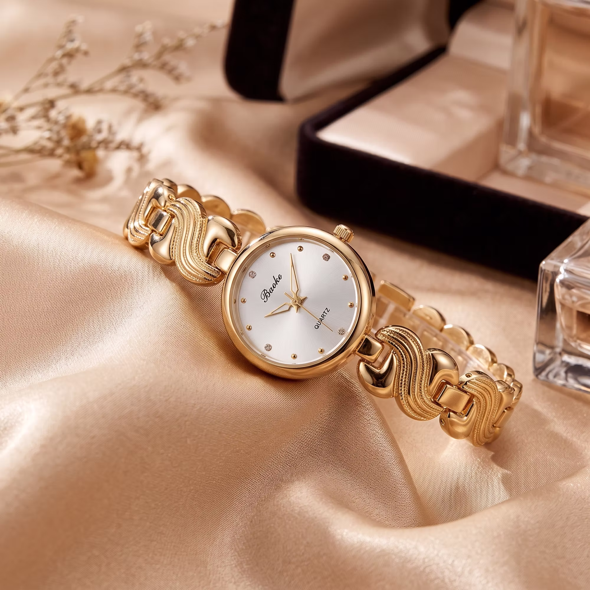 Quartz Watch with Wave Design Stainless Steel Band