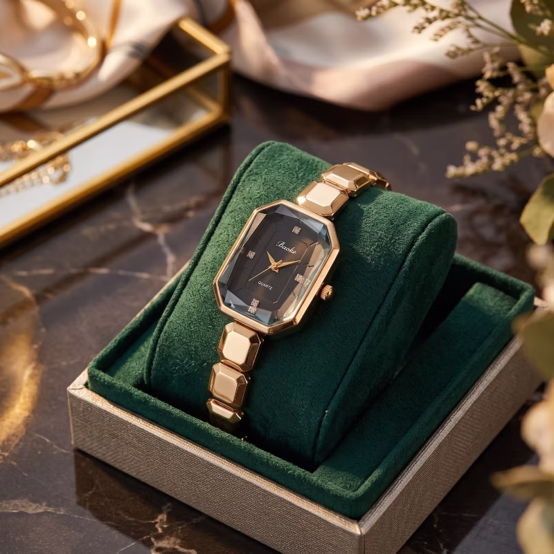 Luxury Emerald-Cut Octagon Dress Watch, Premium Stainless Steel Block Link Bracelet, Geometric Faceted Glass Face, Black Dial Crystal Quartz Wristwatch, Ladies Jewelry Timepiece Gift