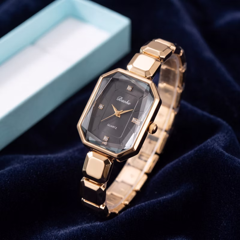Luxury Emerald-Cut Octagon Dress Watch, Premium Stainless Steel Block Link Bracelet, Geometric Faceted Glass Face, Black Dial Crystal Quartz Wristwatch, Ladies Jewelry Timepiece Gift