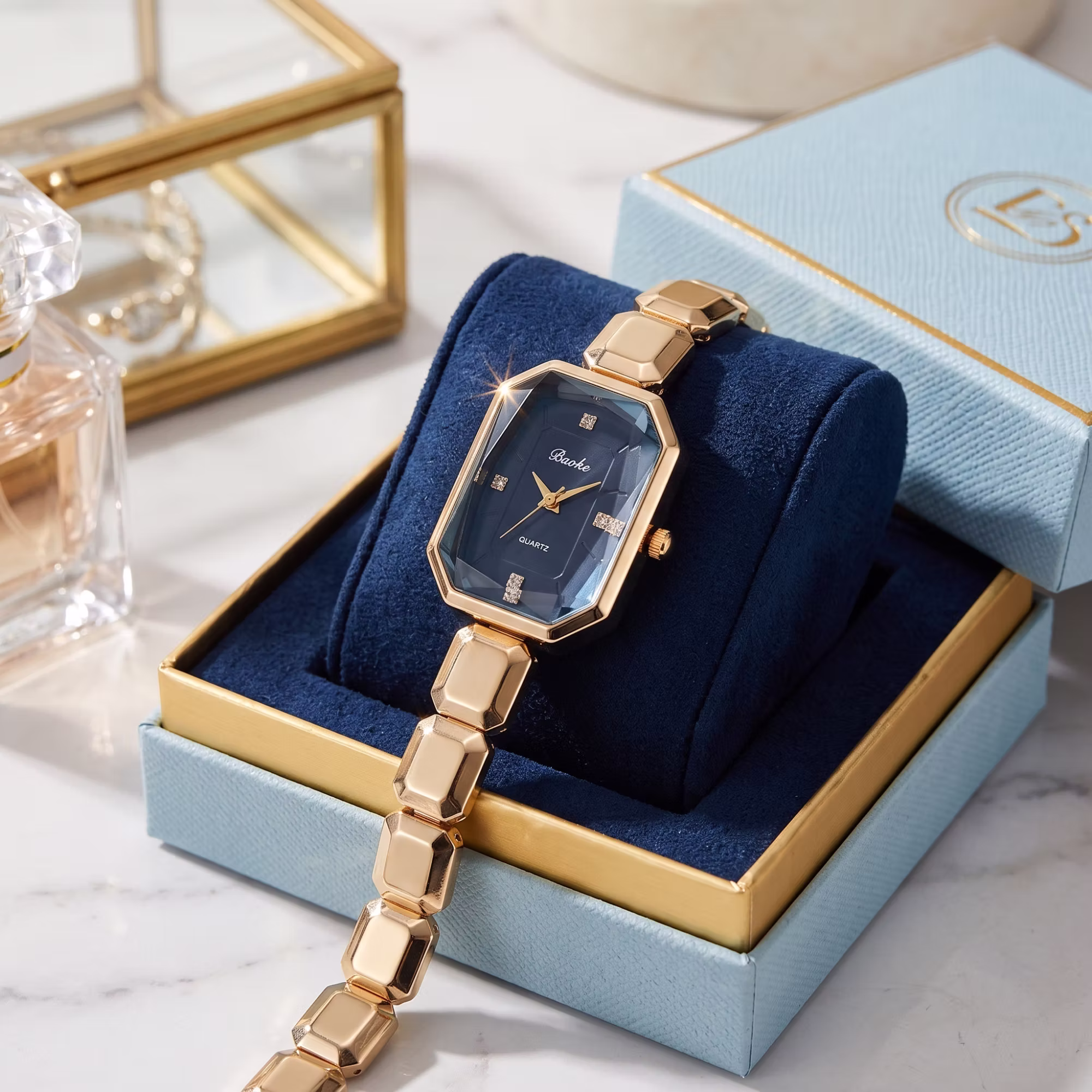 Luxury Emerald-Cut Octagon Dress Watch, Premium Stainless Steel Block Link Bracelet, Geometric Faceted Glass Face, Black Dial Crystal Quartz Wristwatch, Ladies Jewelry Timepiece Gift