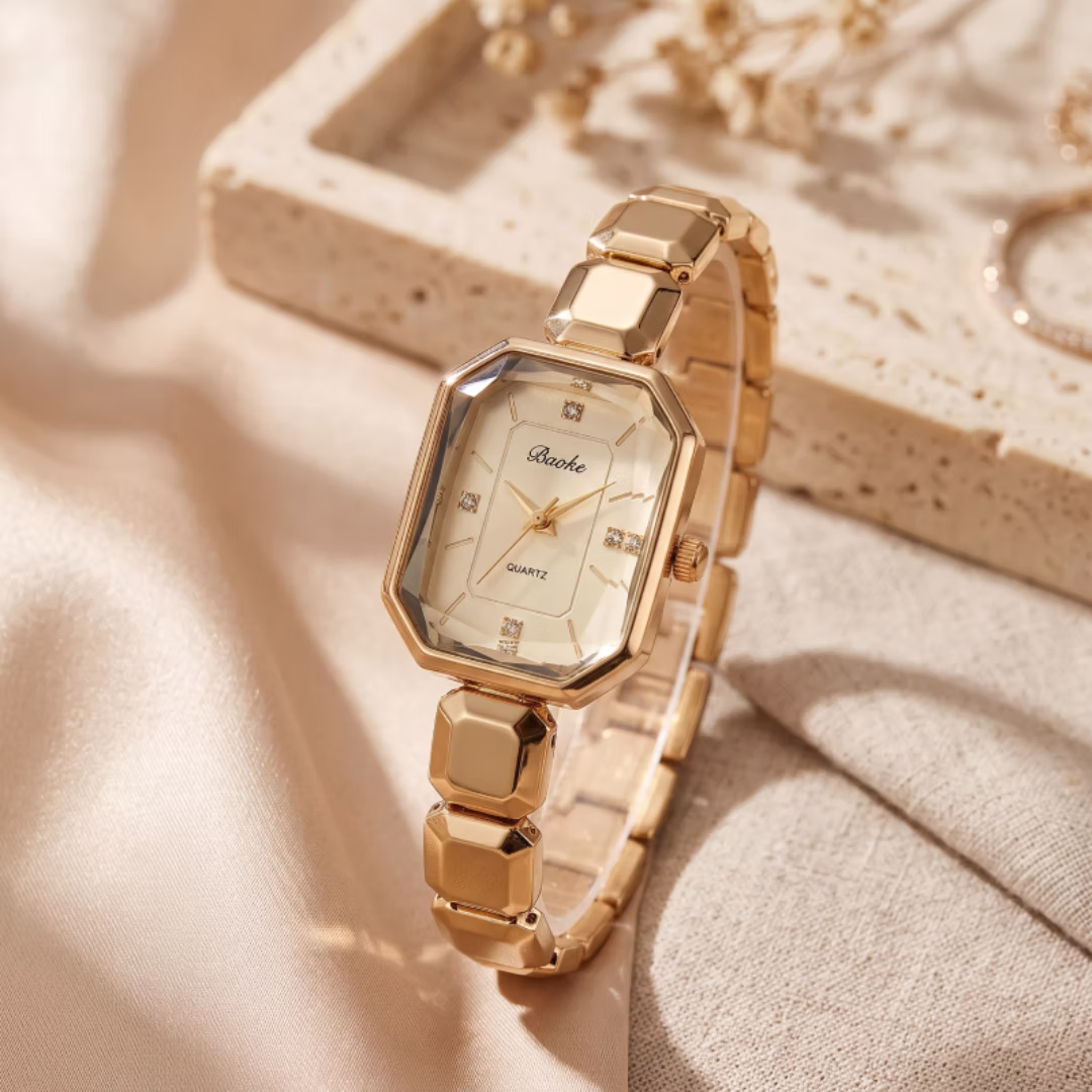 Luxury Emerald-Cut Octagon Dress Watch, Water Resistant Stainless Steel Block Link Bracelet, Faceted 3D Glass Dial Crystal Quartz Wristwatch